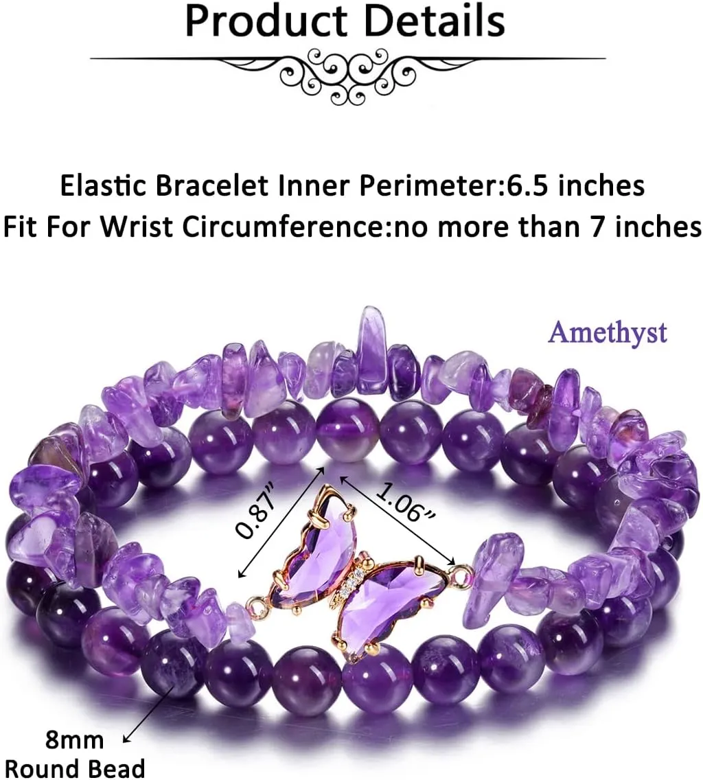 Jovivi 2Pcs Butterfly Bracelets for Women Natural Purple Amethyst Beaded Bracelets Butterfly Charms 8mm Healing Crystal Stone Bracelet Gifts for Women