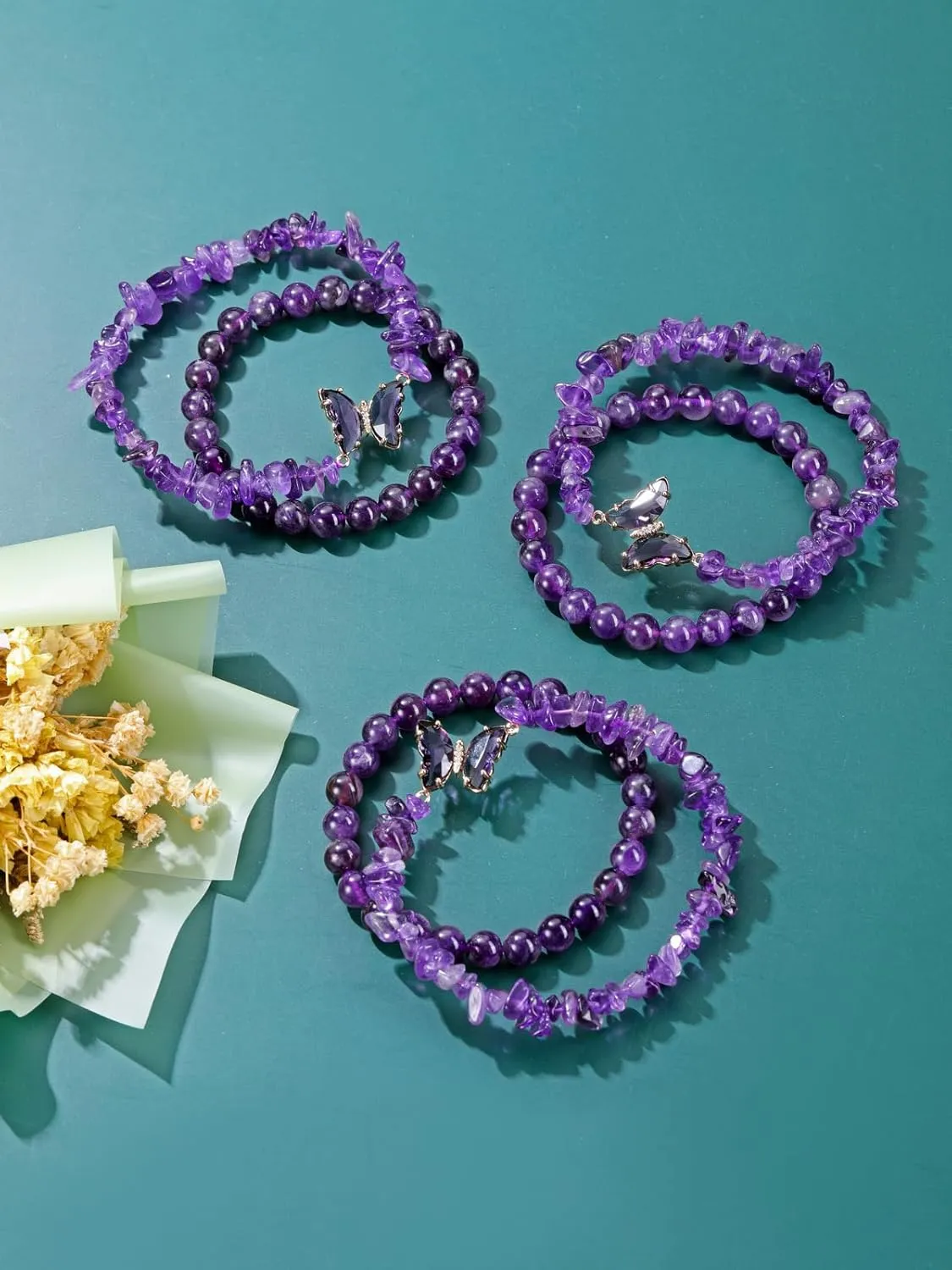Jovivi 2Pcs Butterfly Bracelets for Women Natural Purple Amethyst Beaded Bracelets Butterfly Charms 8mm Healing Crystal Stone Bracelet Gifts for Women