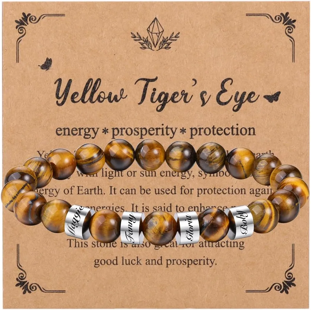 Jovivi Personalized Tiger Eye Crystal Bracelet for Men Custom Names 8MM Natural Stone Beads Bracelet Mens Beaded Bracelets for Boyfriend Birthday Gifts Christmas Day