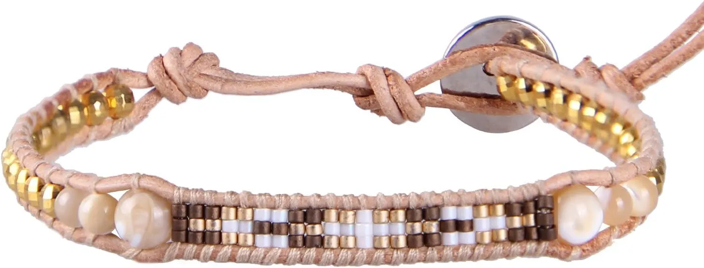 KELITCH Shell Pearls Strand Bracelets Hematite Seed Beaded Wrap Leather Bracelet For Women