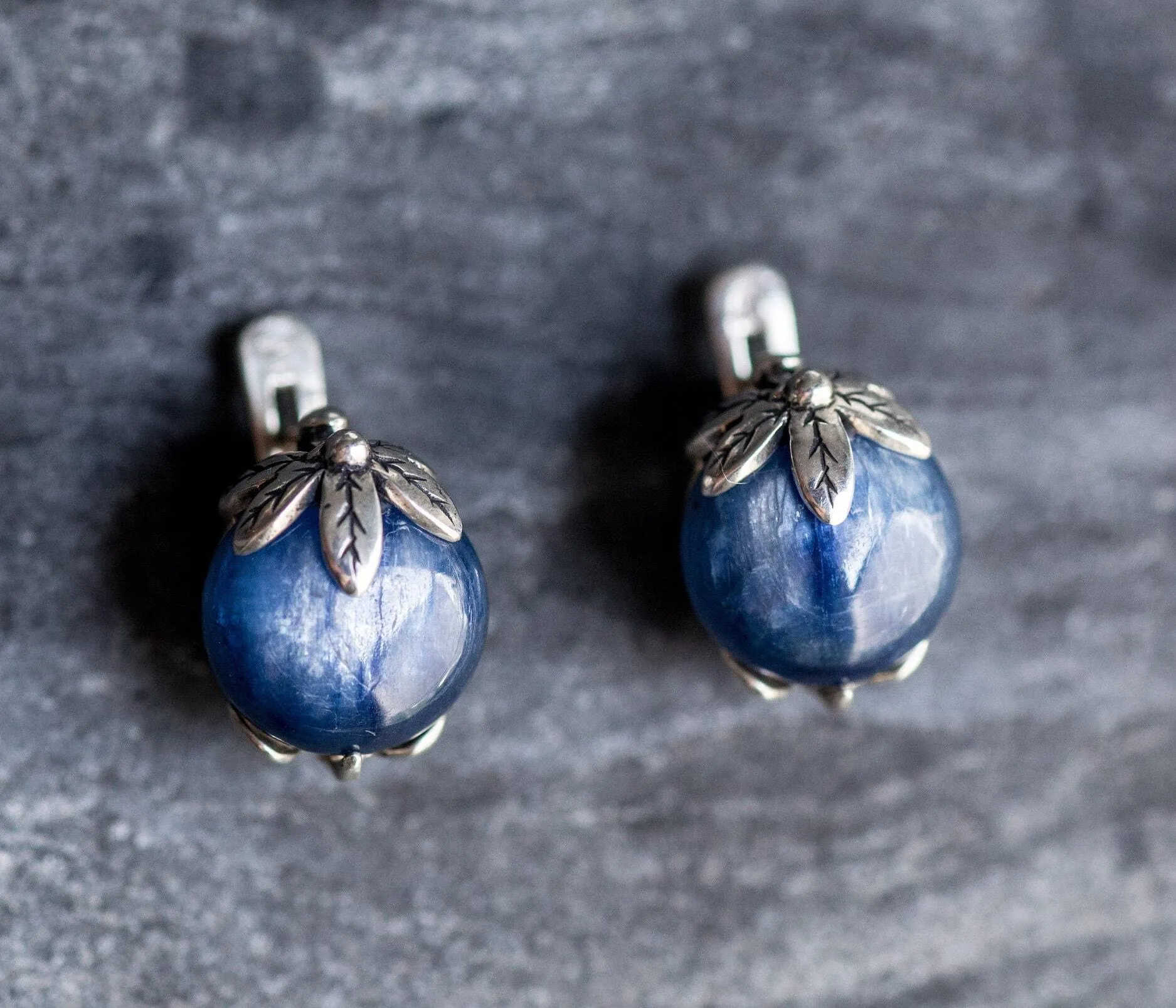 Kyanite Earrings - Real Blue Kyanite Earrings - Round Leaf Earrings