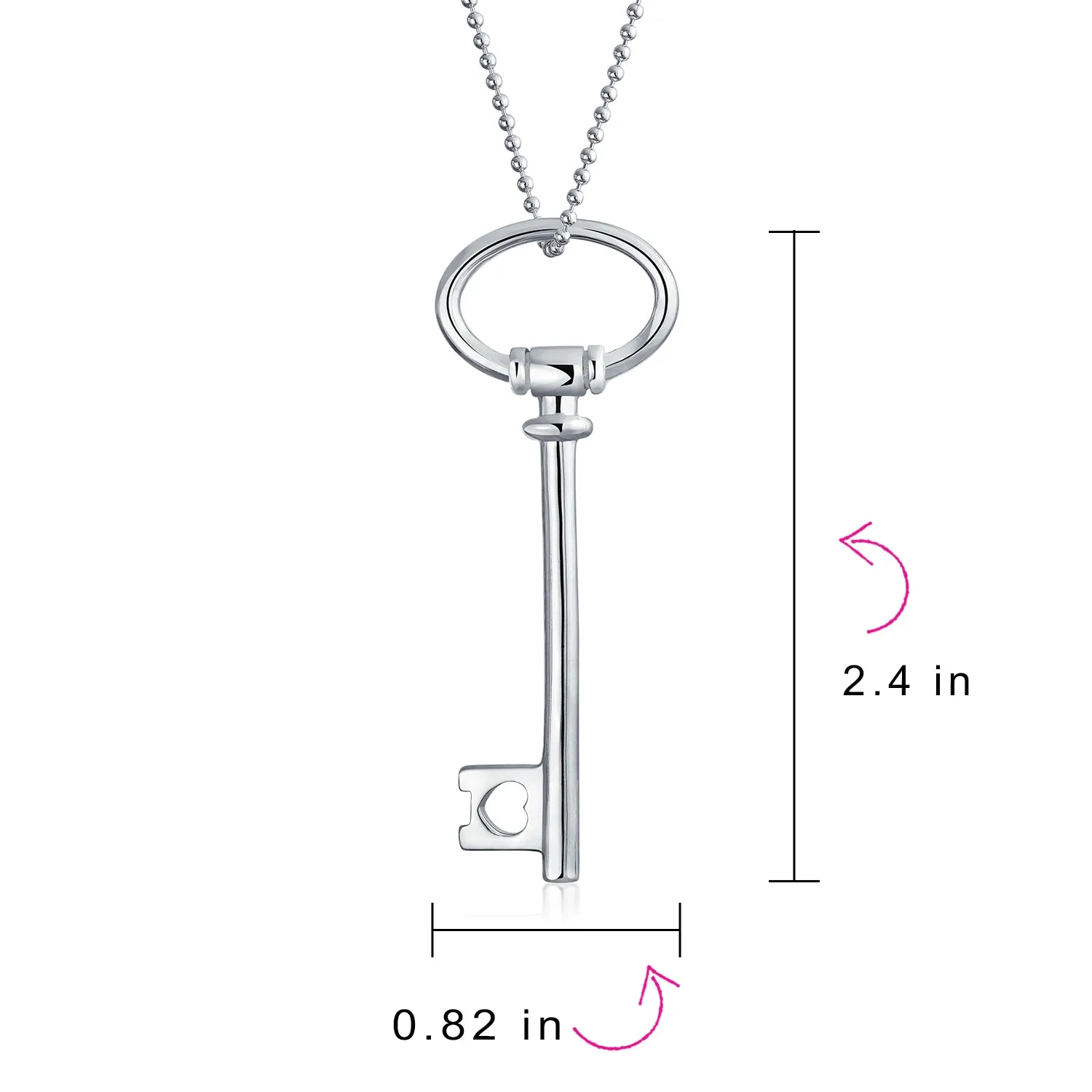 Large Oval Key Shape Pendant Necklace in Sterling Silver 18 Inch Chain