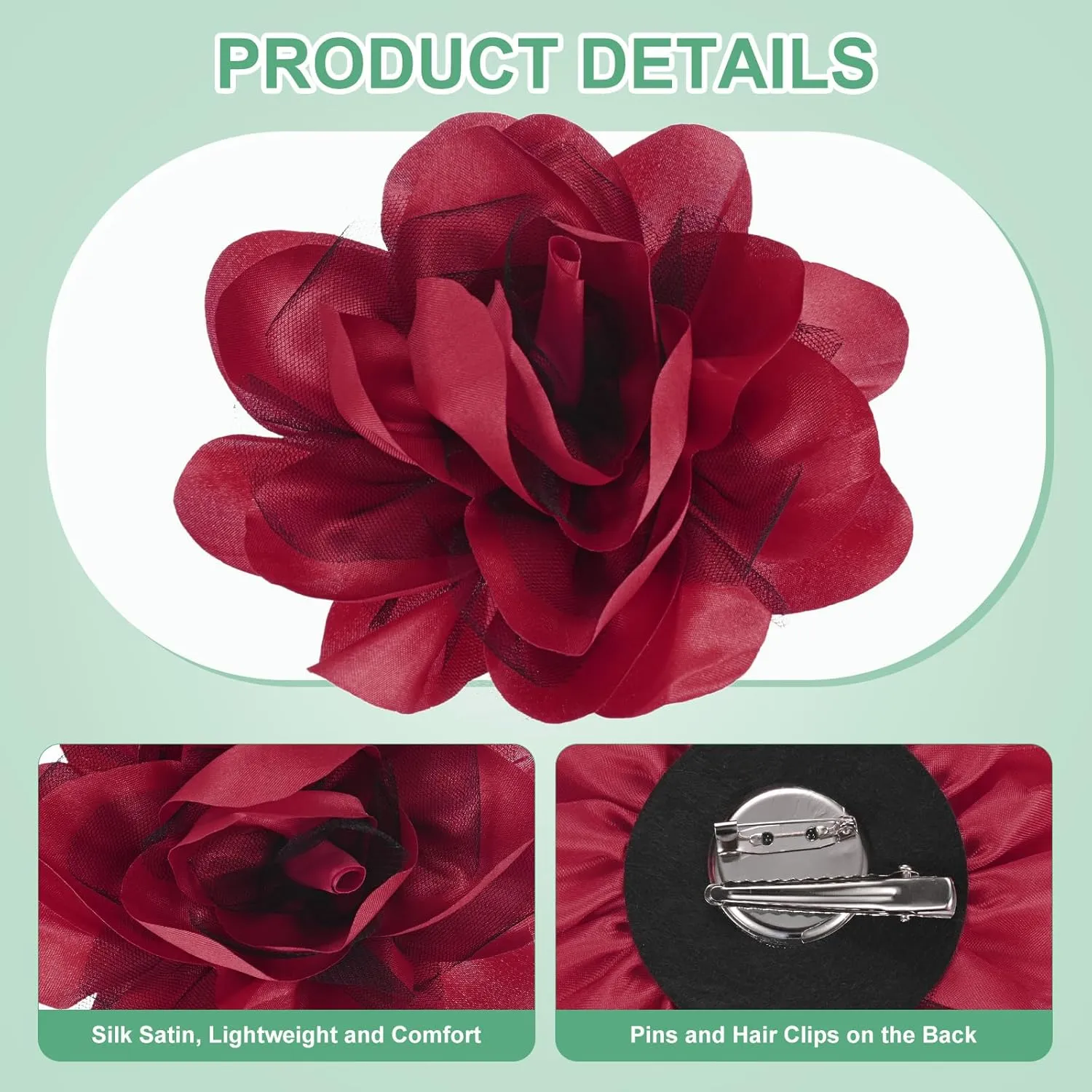 Large Women's Brooches Lapel Pin, Lapel Pins Dainty Satin Fabric Big Camellia Flower Hair Clip Dancer Pin Up for Hats/Parties/Clothes