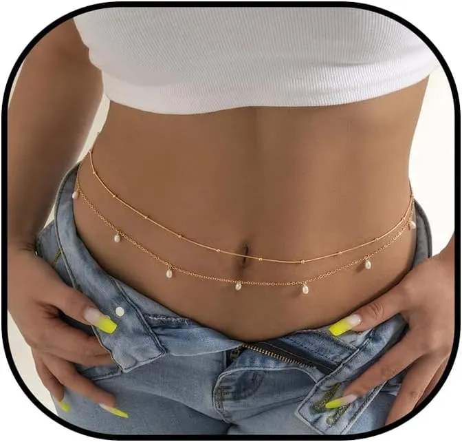 Layered Beads Waist Chain,18K Gold Plated Waist Chain, Pearl Belly Body Chain, Waist Adjustable Multilayer Sexy Bikini Waist Chain for Women