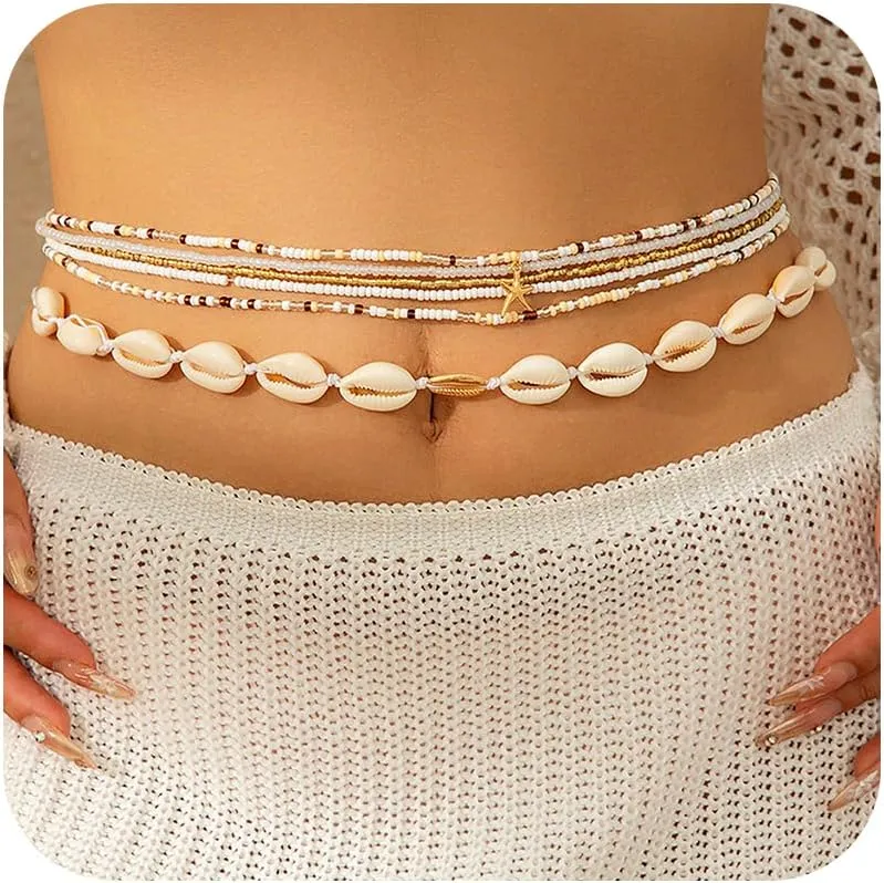 Layered Coloful Waist Beads for Women Natural Seashell Waist Chain Stretchy Shell Belly Body Chain Summer Beach Bikini Belly Jewelry Accessories for Her