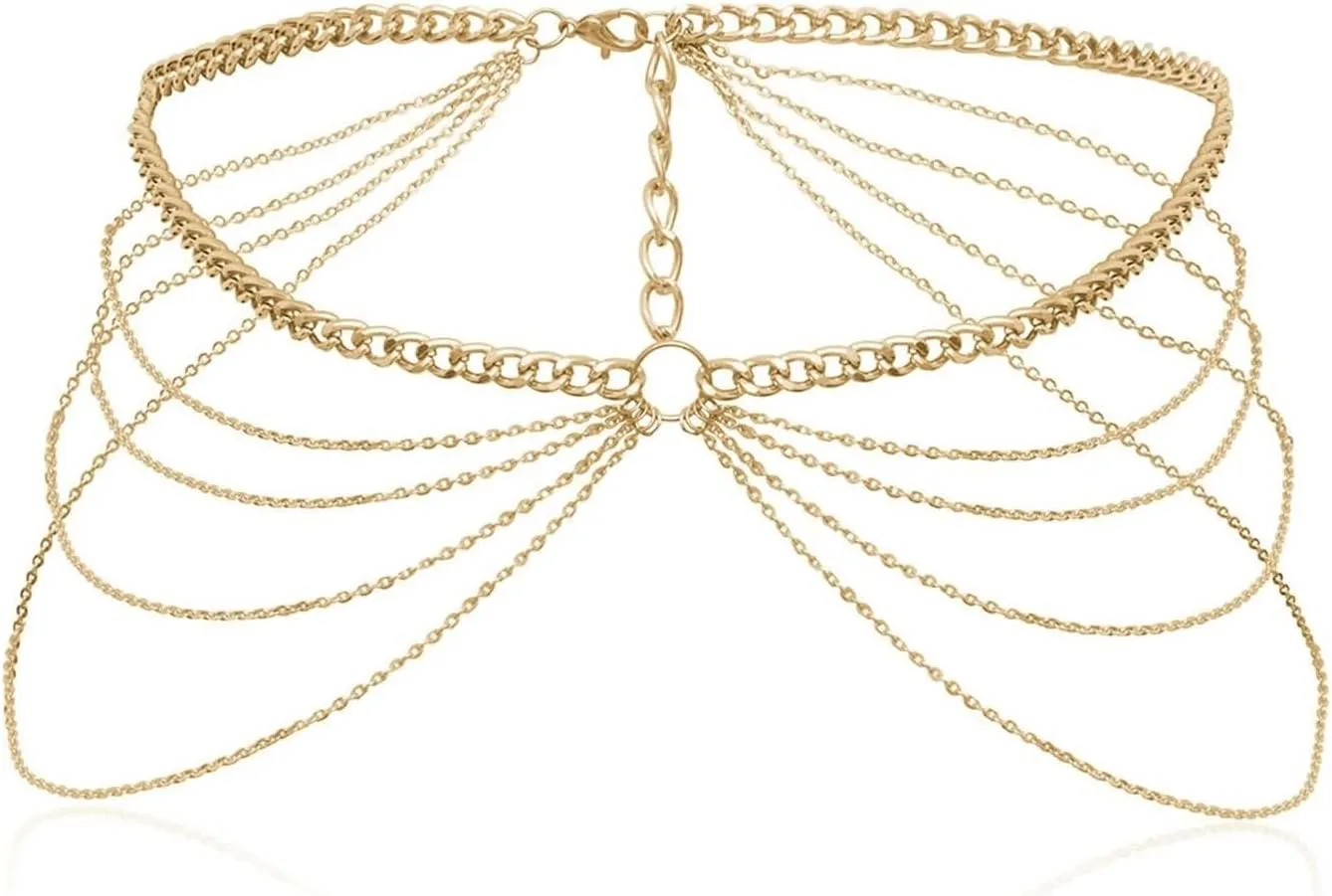 Layered Gold Chain Belts for Women, Body Chains Dor Dress Multilayer Chains Lobster Claw Clasp Belly Chain Dance 102cm
