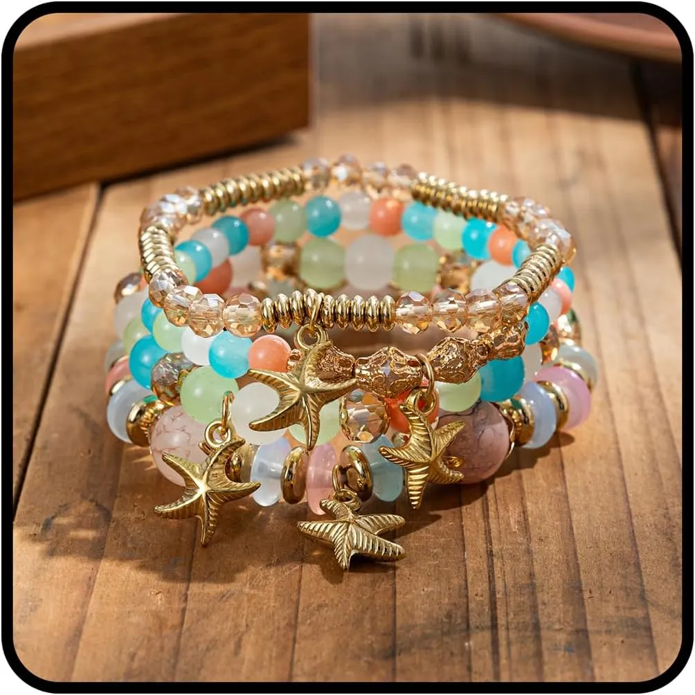 LIU JUN 4Pcs Set Starfish Bracelets For Women, Crystal Stone Star Pendant Stretch Bracelet Beaded Stackable Gold Starfish Charm Jewelry Boho Summer Beach Gifts