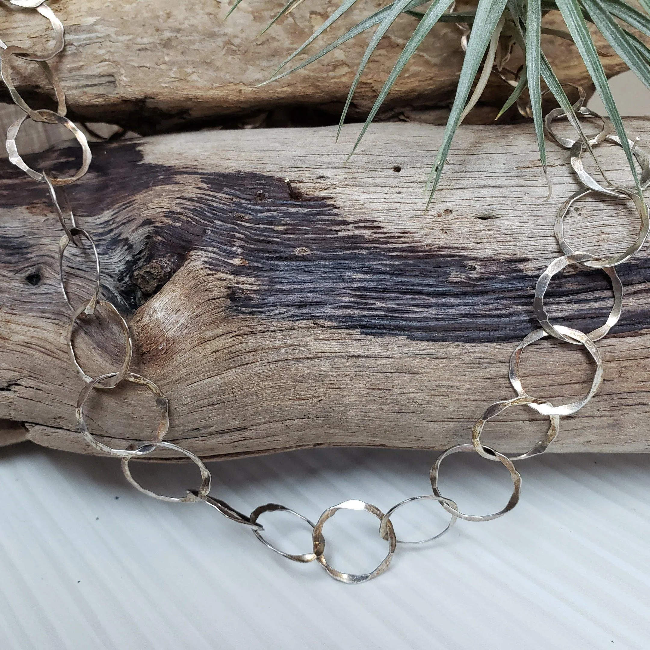 Long forged silver hammer link necklace