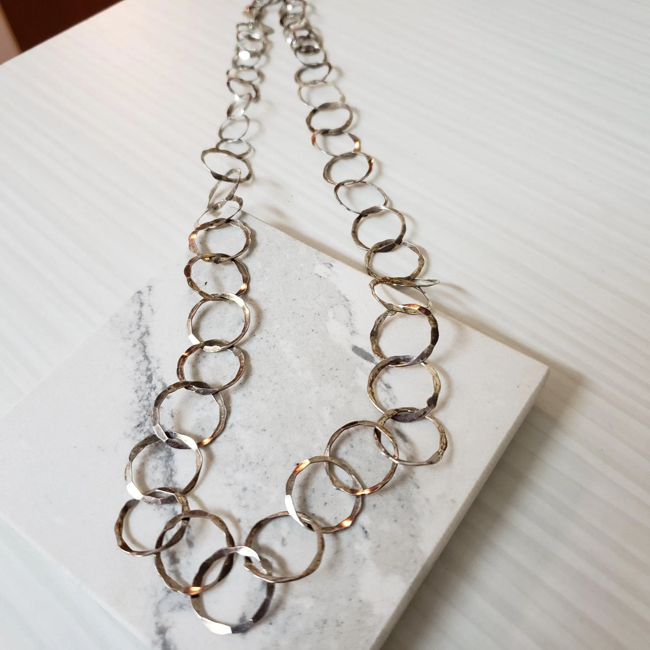 Long forged silver hammer link necklace