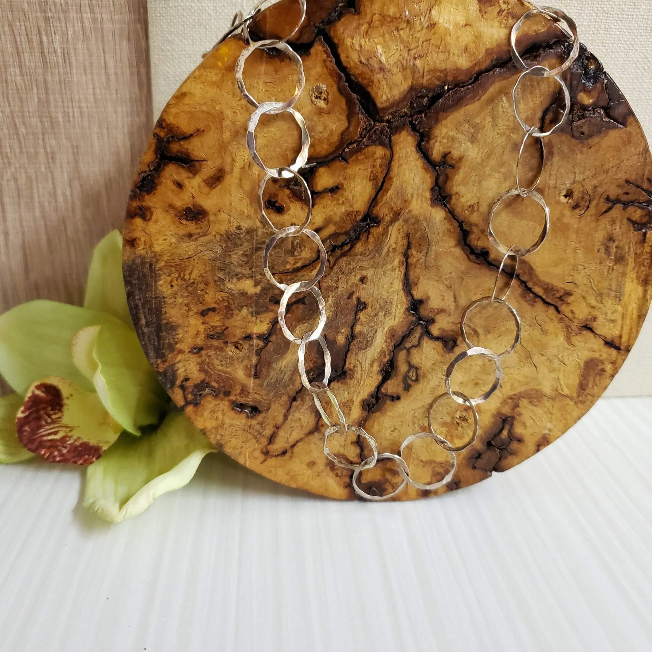Long forged silver hammer link necklace