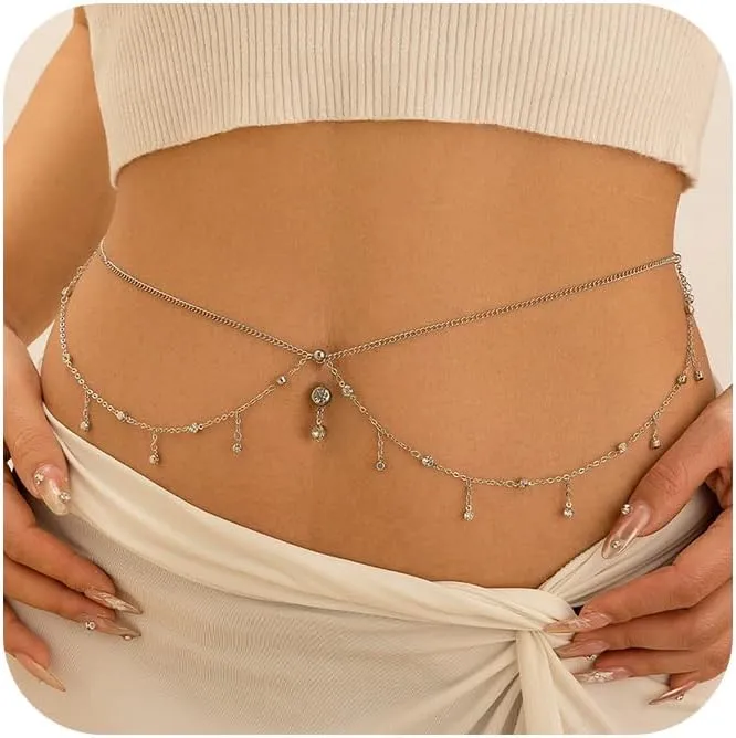 Longita Silver Gold Waist Chain for Women Belly Chain with Belly Rings Layered Stomach Chains Pearl Rhinestone Body Chain Waist Jewelry
