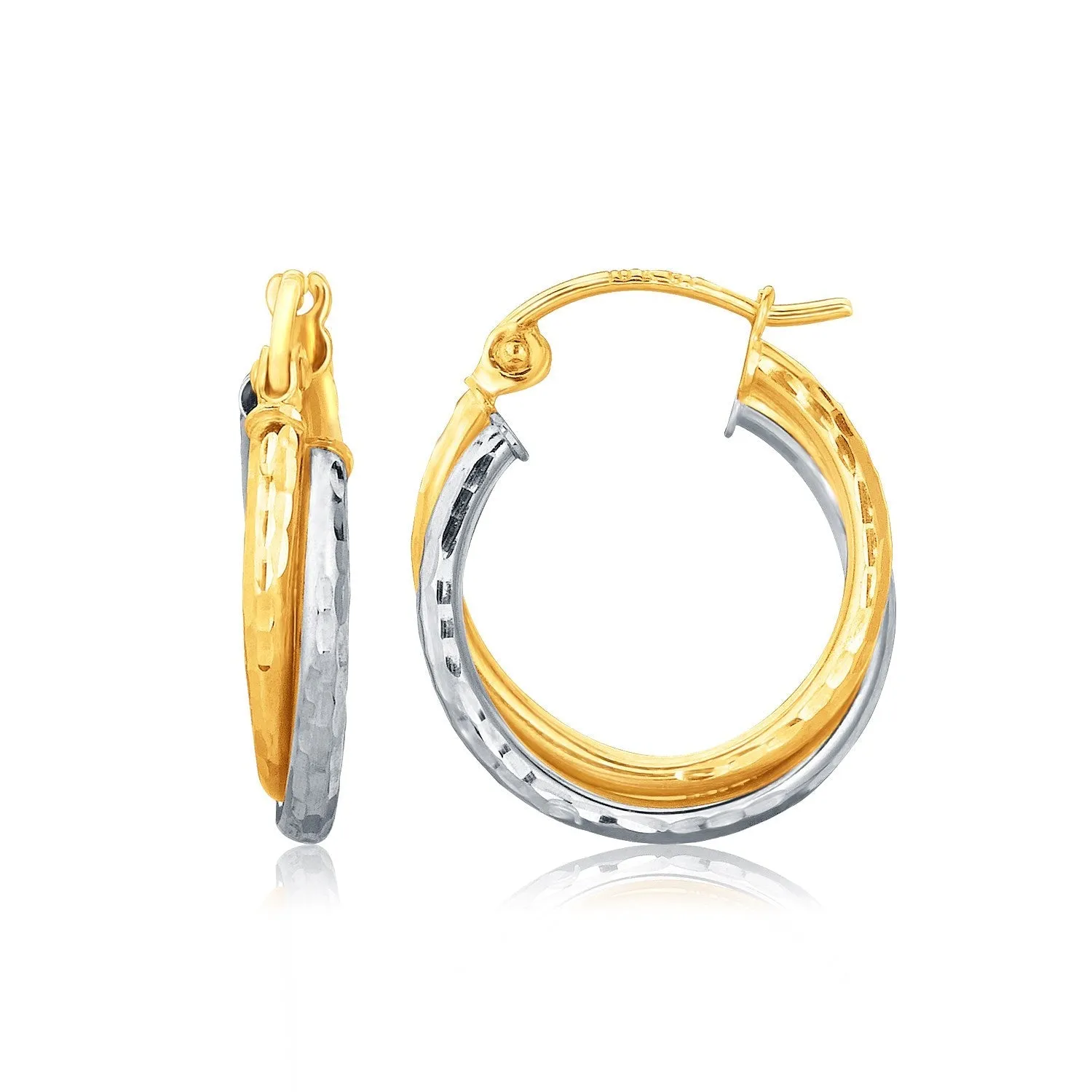 LOVCIA Luxury 14k White and Yellow Gold Twisted Hammered Hoop Earrings
