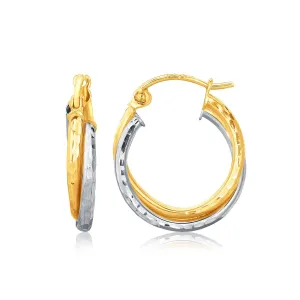 LOVCIA Luxury 14k White and Yellow Gold Twisted Hammered Hoop Earrings