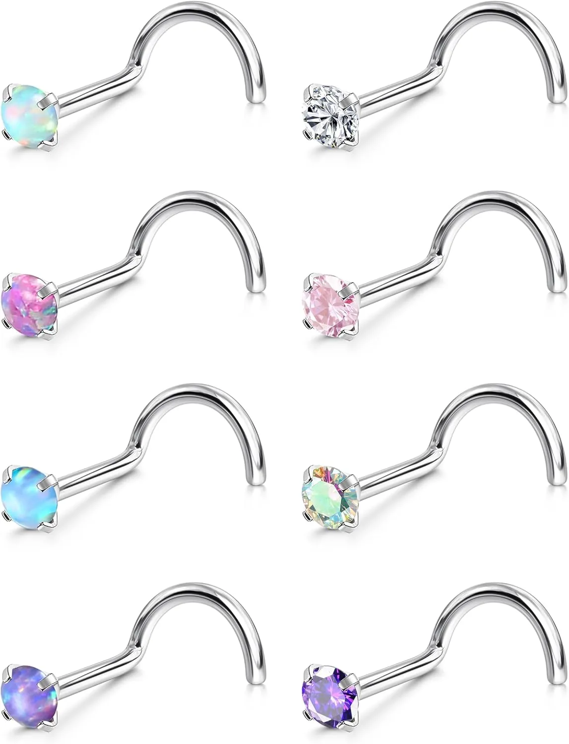 LOYALLOOK 8PCS Nose Rings Studs Titanium Nose Rings CZ Opal L Shaped Screw Studs Rings for Women Nose Screw Studs 18G/20G Samll Nose Stud Corkscrew Nose Rings Piercing Jewelry, 2mm