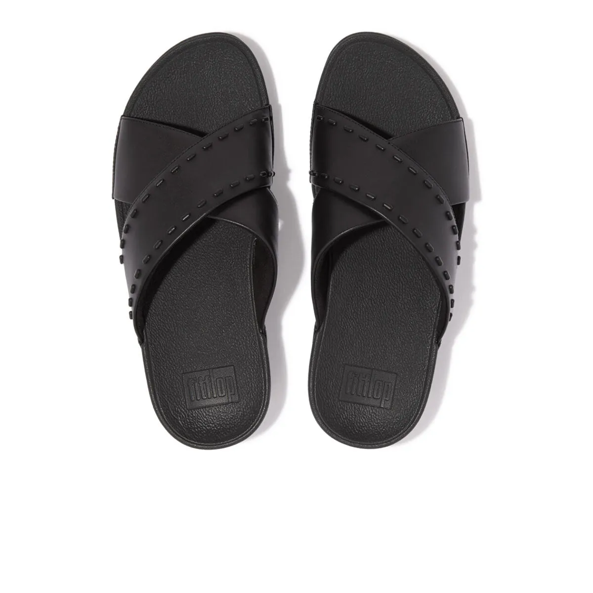 LULU Rubber-Stud Leather Cross Slides