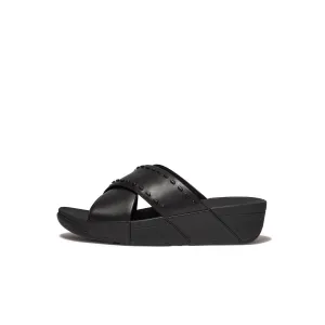 LULU Rubber-Stud Leather Cross Slides