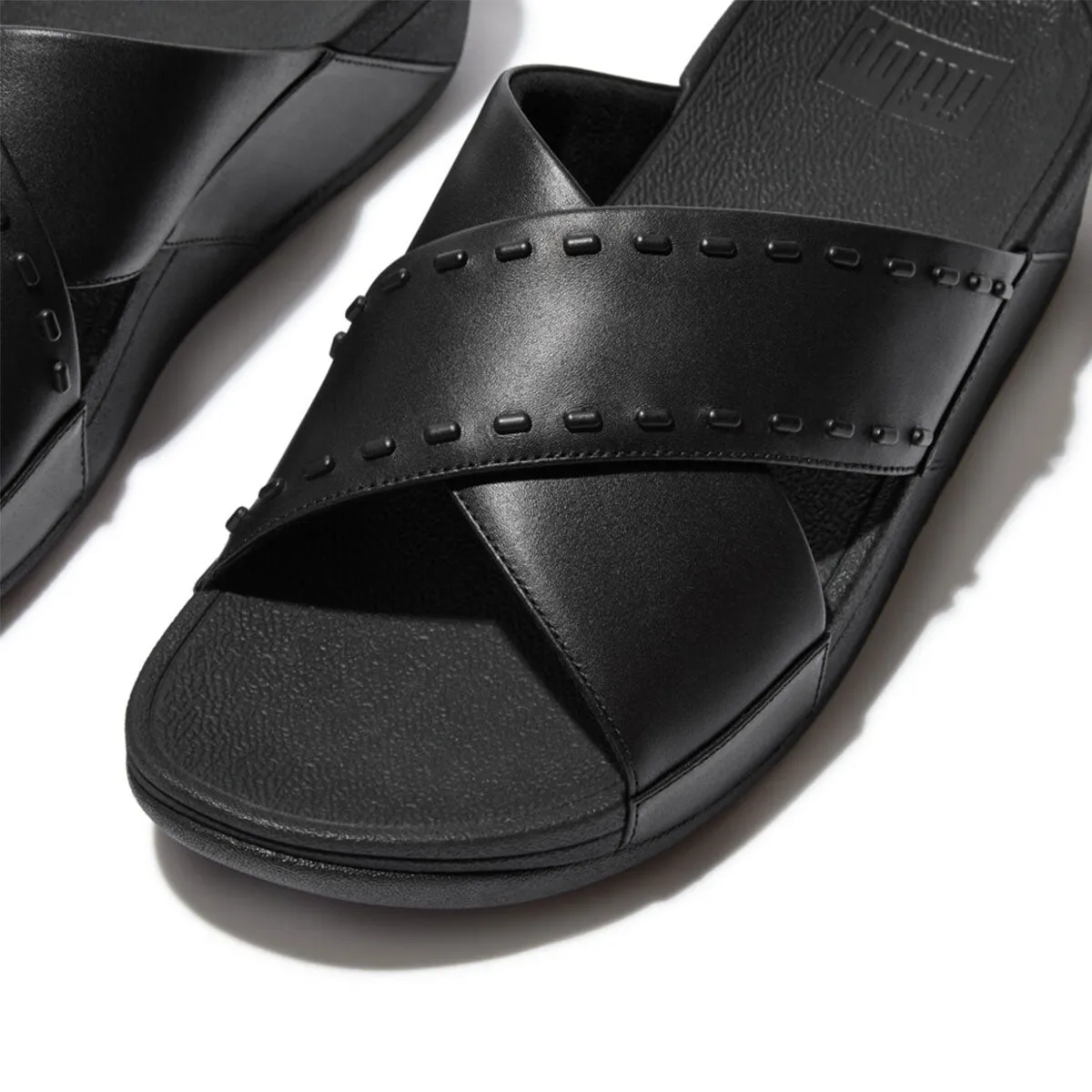 LULU Rubber-Stud Leather Cross Slides