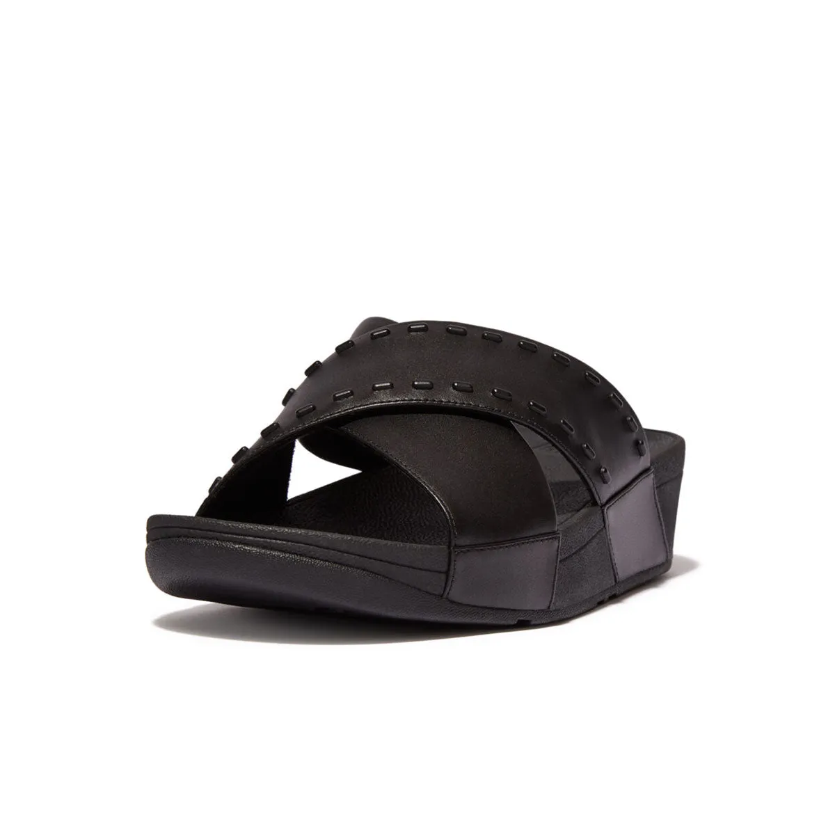 LULU Rubber-Stud Leather Cross Slides