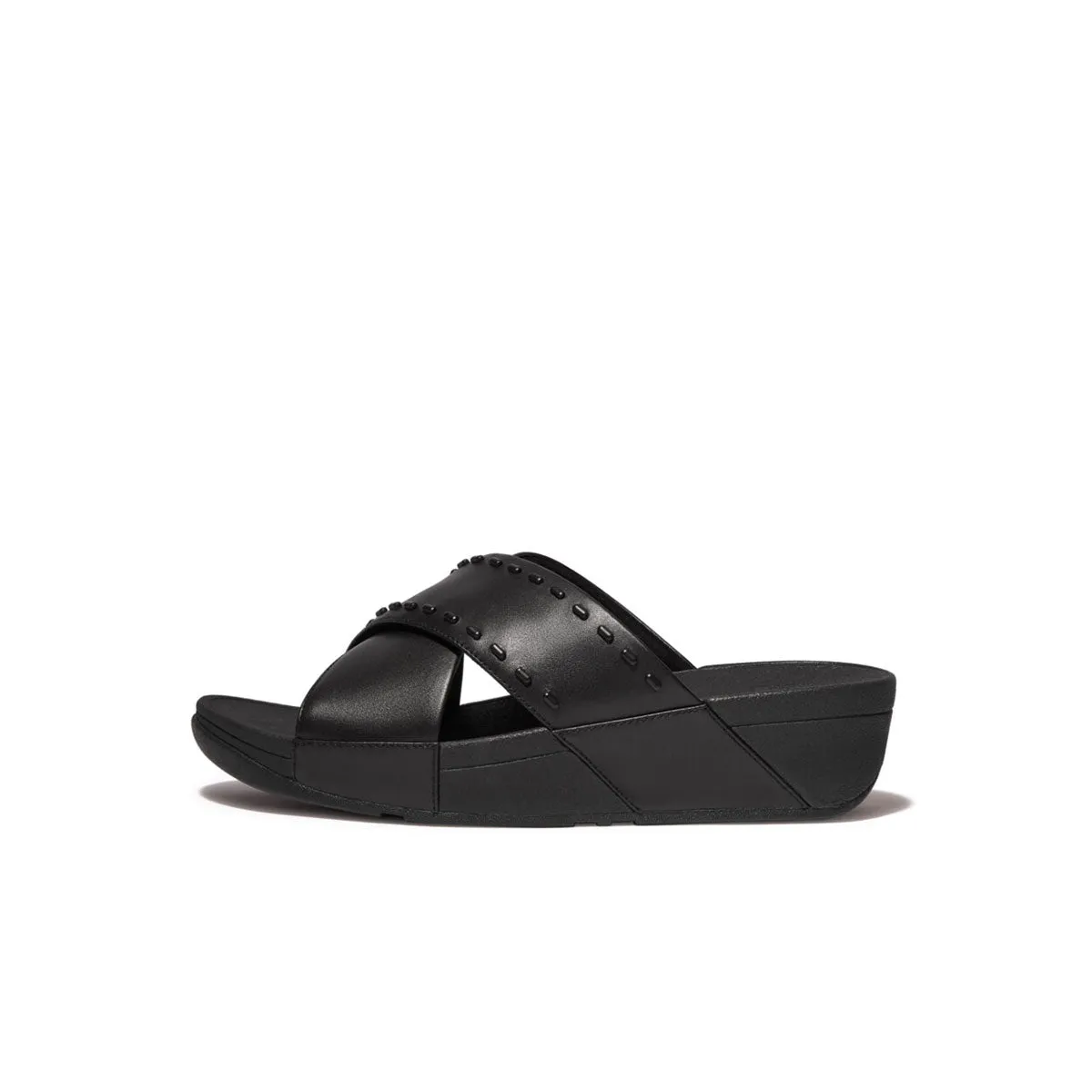 LULU Rubber-Stud Leather Cross Slides