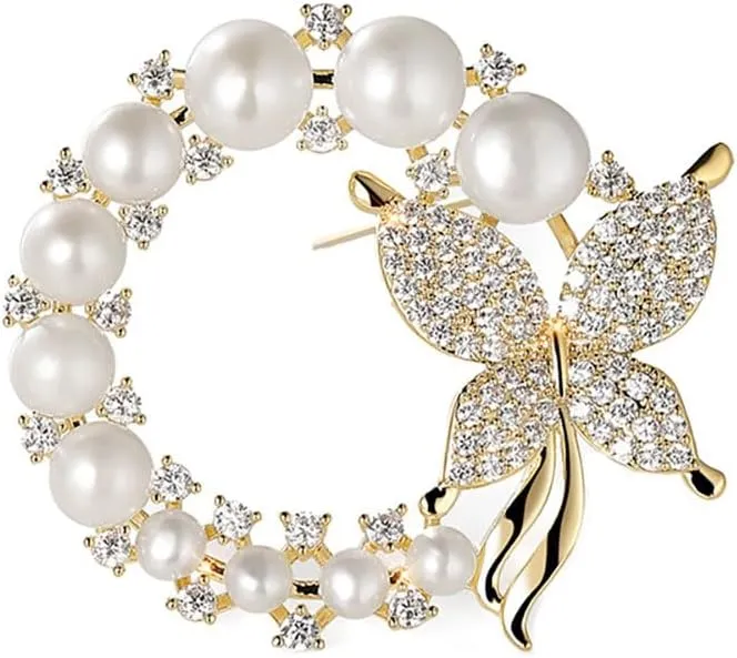 Luxury Crystal Butterfly with Faux Pearl Wreath Brooches Pins Women Girls Fall Winter Clothes Corsage Decor Christmas Gift