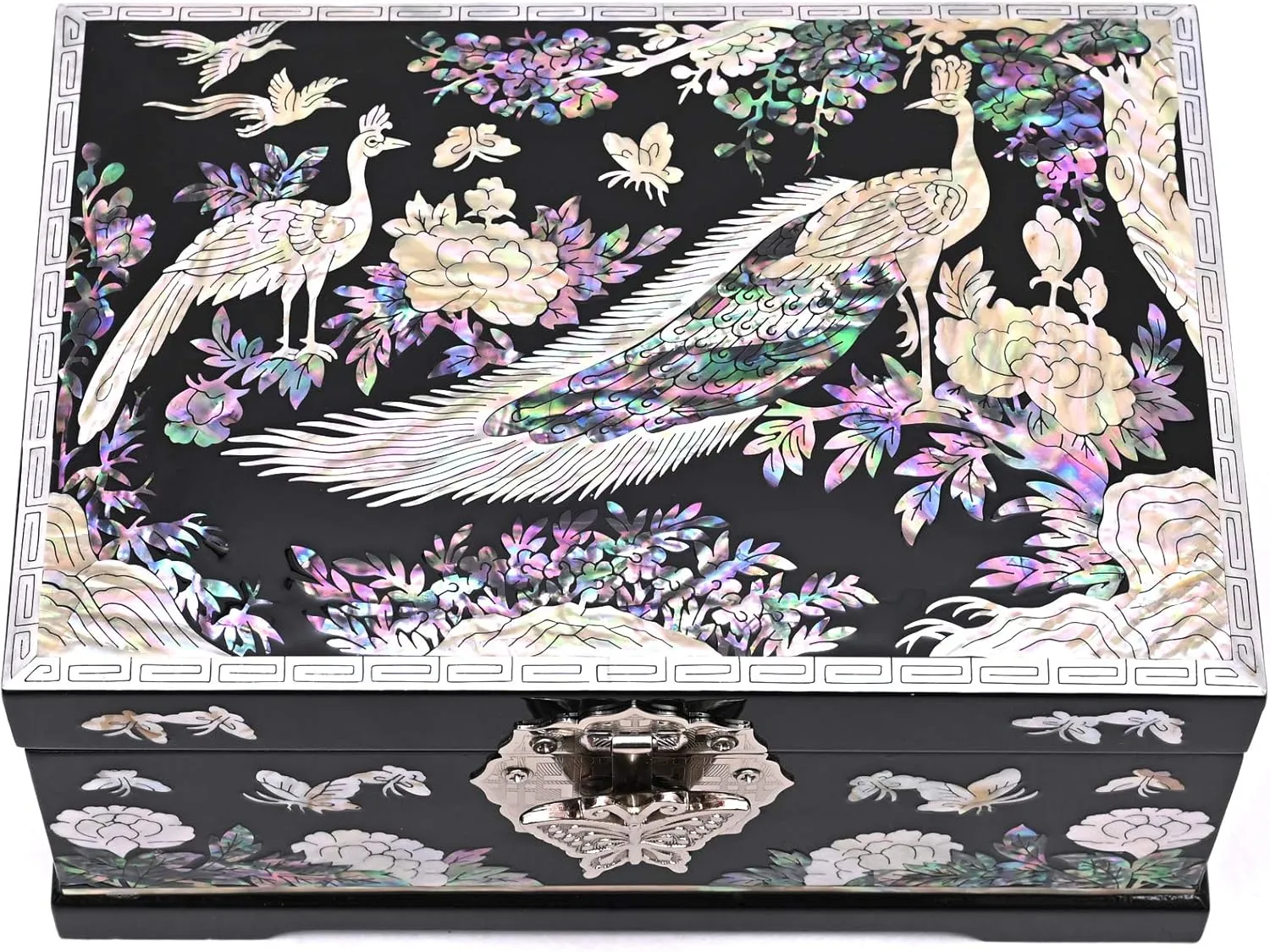 MADDesign Mother of Pearl Jewelry Box Ring Mirror Lid Two Level Peacock Black (Black)