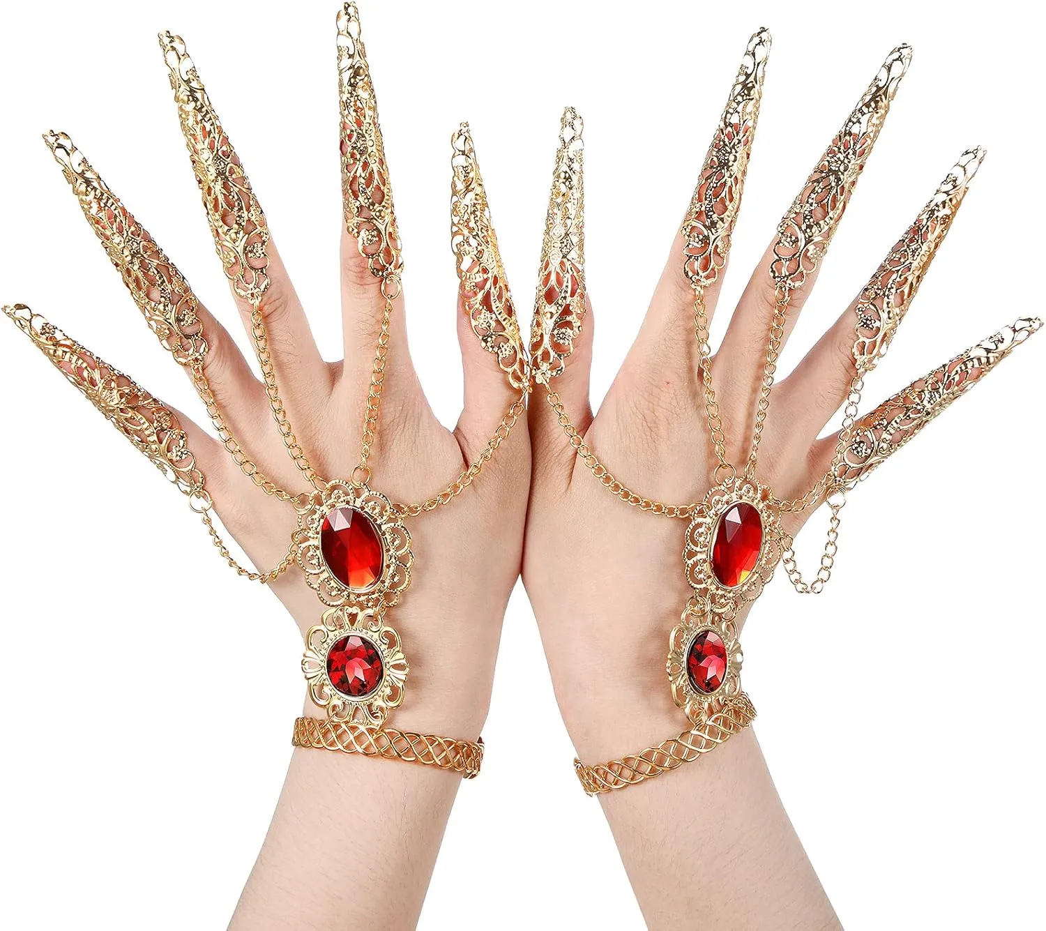 Maitys 2 Pcs Gold Bracelets Inlaid with Acrylic Women Belly Dance Gypsy Egyptian Bracelet with Finger Nails Halloween Costume