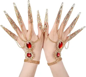 Maitys 2 Pcs Gold Bracelets Inlaid with Acrylic Women Belly Dance Gypsy Egyptian Bracelet with Finger Nails Halloween Costume