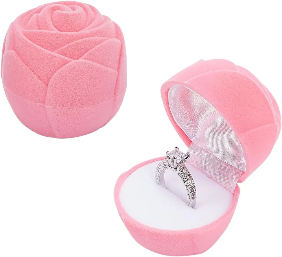 MAYJOYDIY 2pcs Pearl Pink Velvet Rose Ring Box Romantic Flower Engagement Ring Box for Proposal Ring Ceremony Wedding Anniversary Valentine's Day Gift Girls Jewelry Box