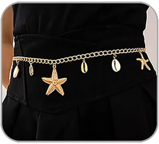 Mermaids Starfish Pearl Waist Chain Belt for Women Mermaids Gold Starfish Shell Belly Waterproof Body Chain Pirate Costume Women(style7)