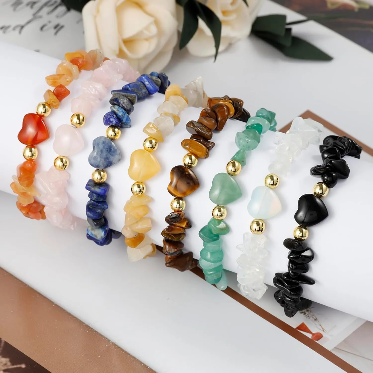 MILAKOO 7Chakra Chip Stone Bracelets for Women Natural Crystal Healing Reiki Yoga Beads Anxiety Cuff