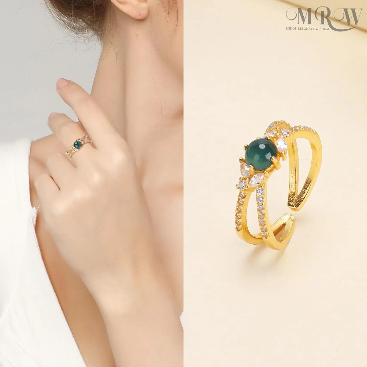 MRW Jade Rings For Women Handmade Natura Green Jade Rings 925 Sterling Silver Gold Plated Zircon Ring Jewelry For Women
