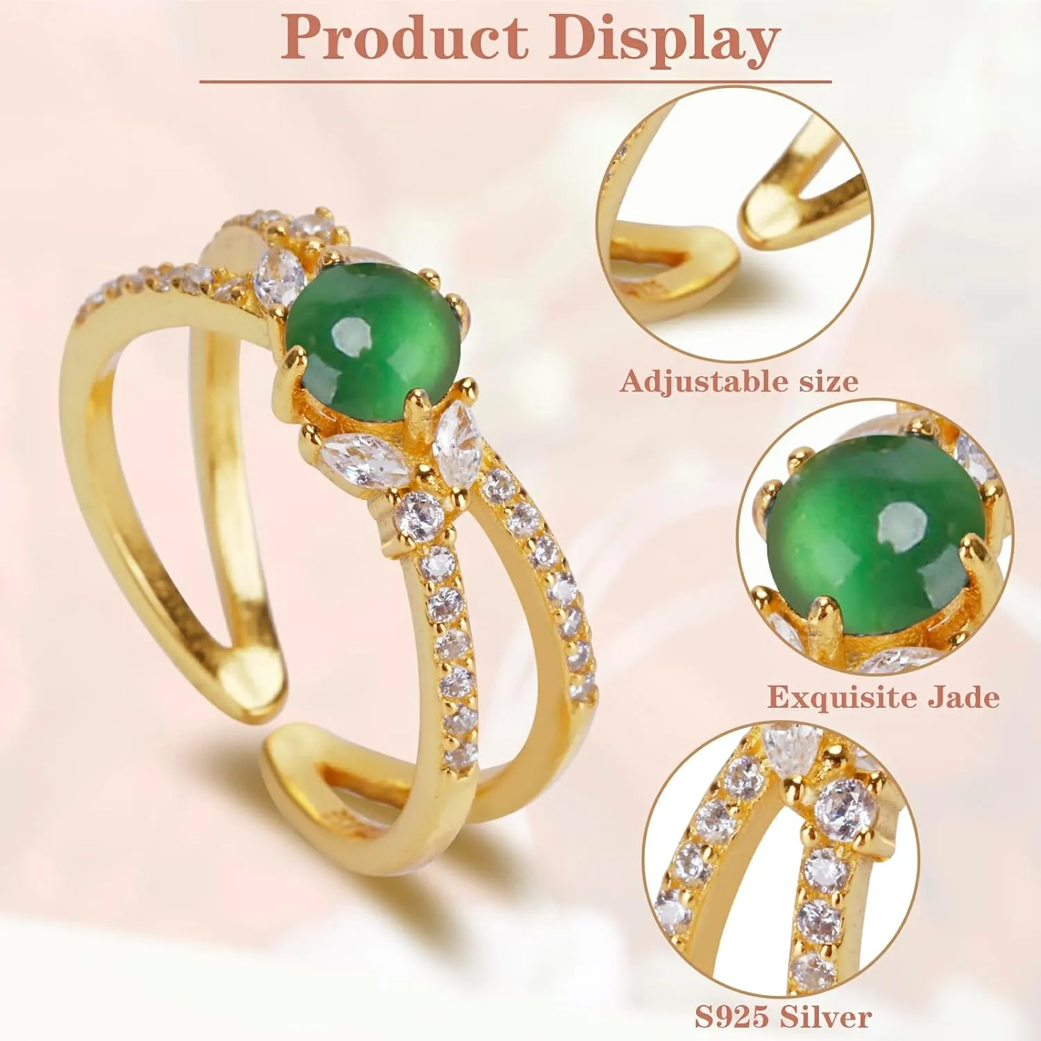 MRW Jade Rings For Women Handmade Natura Green Jade Rings 925 Sterling Silver Gold Plated Zircon Ring Jewelry For Women