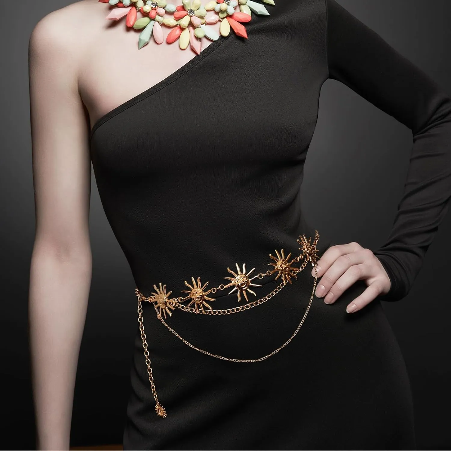 Multi Layered Body Chain Waist Pirate Chain Belt for Women Gold Belt Chain Queen Portrait Waist Chain Sun Flower Waist Chain Sun Moon Waist Chain Portrait Coin Pirate Waist Chain Belly Chain Body Jewelry for Women