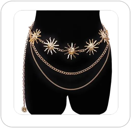 Multi Layered Body Chain Waist Pirate Chain Belt for Women Gold Belt Chain Queen Portrait Waist Chain Sun Flower Waist Chain Sun Moon Waist Chain Portrait Coin Pirate Waist Chain Belly Chain Body Jewelry for Women
