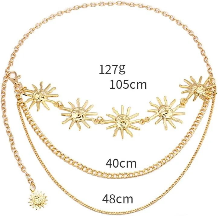 Multi Layered Body Chain Waist Pirate Chain Belt for Women Gold Belt Chain Queen Portrait Waist Chain Sun Flower Waist Chain Sun Moon Waist Chain Portrait Coin Pirate Waist Chain Belly Chain Body Jewelry for Women