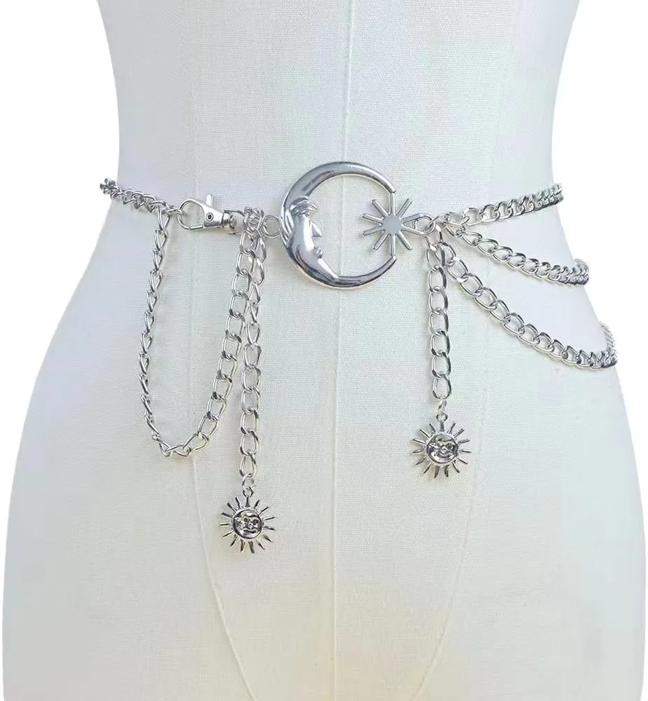 Multi Layered Body Chain Waist Pirate Chain Belt for Women Gold Belt Chain Queen Portrait Waist Chain Sun Flower Waist Chain Sun Moon Waist Chain Portrait Coin Pirate Waist Chain Belly Chain Body Jewelry for Women