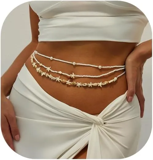 Multi-layered Gold Pearl Bead Waist Chains Jewelry Summer Beach Stretch Layered Starfish Shell Belly Body Chain Jewelry for Women