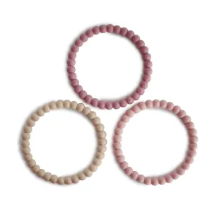 Mushie Pearl Teething Bracelet 3-Pack Linen/Peony/Pale Pink