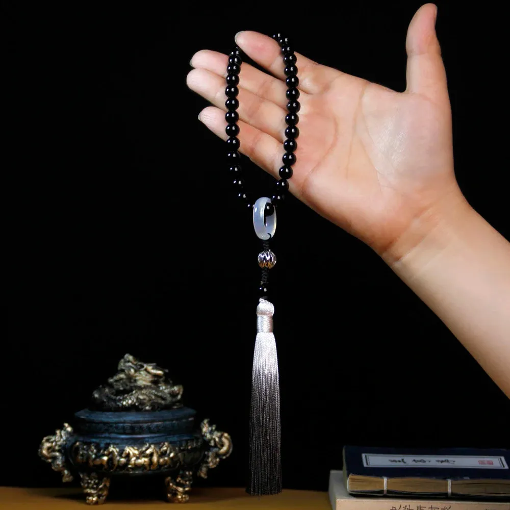 Muslim Tasbih Jewelry 33 natural Black agate bracelets 8mm,Onyx bracelets with tassels