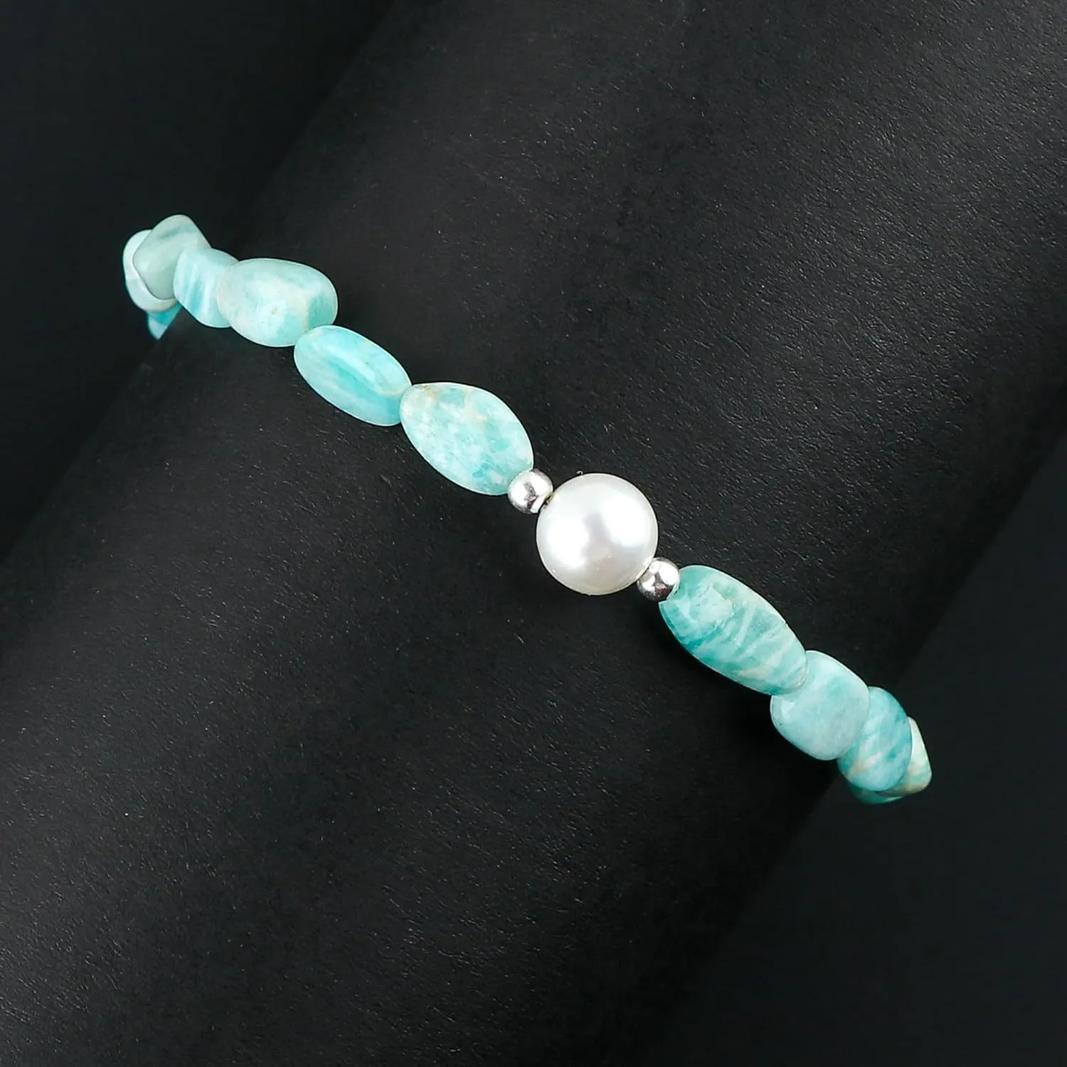 Natural Amazonite Gemstones Bolo Bracelet with Cultured Pearl Beads Stone, Handmade Jewelry, Chakra Healing Crystals, Silver Plated Chain 10inch, Gift for Women
