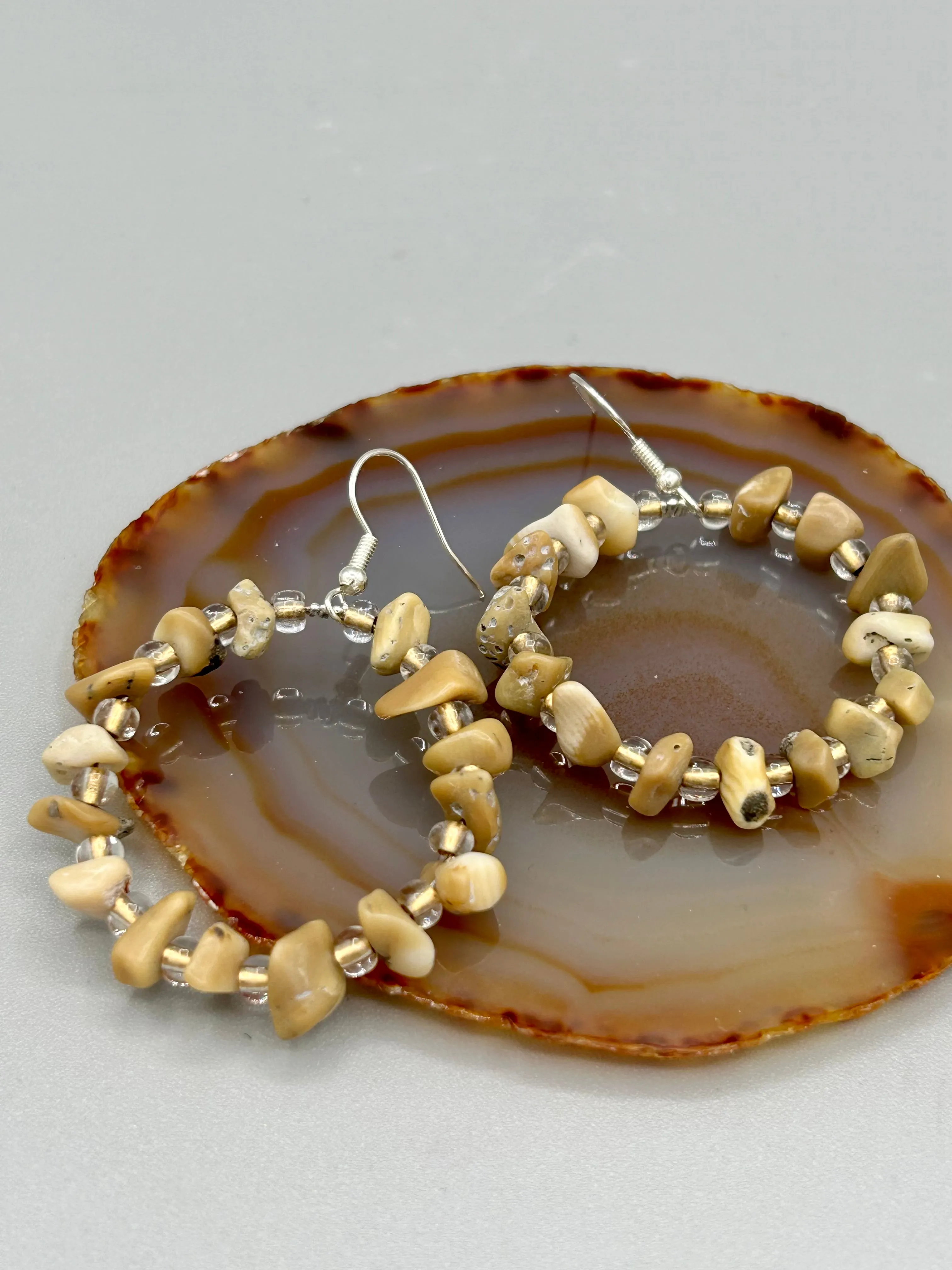 Natural Bamboo Chip Beaded Hoop Earrings, Hippie Vibe, Shabby Chic, Boho Chic, Nature Inspired, Bohemian