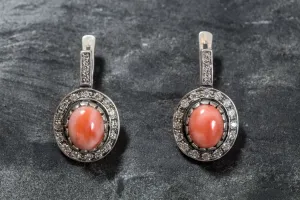 Natural Coral Earrings - Pink Oval Earrings - Vintage Drop Earrings