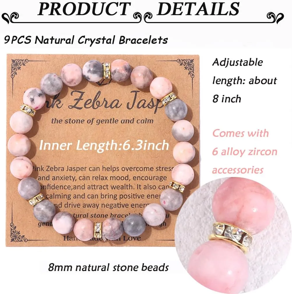 Natural Crystal Bracelets for Women Men 8mm Semi-Precious Gemstone Beaded Bracelets Adjustable Round Gemstone Bracelets Jewelry Gifts