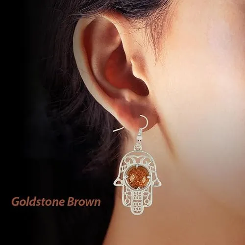 Natural Crystal Goldstone Brown Stone Humsa Shape Earrings Tpos
