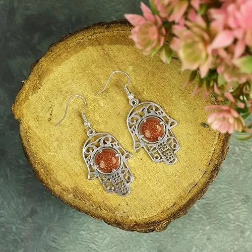Natural Crystal Goldstone Brown Stone Humsa Shape Earrings Tpos