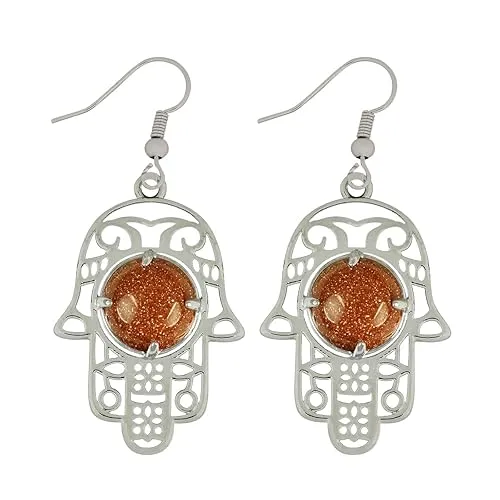 Natural Crystal Goldstone Brown Stone Humsa Shape Earrings Tpos