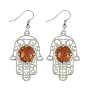 Natural Crystal Goldstone Brown Stone Humsa Shape Earrings Tpos