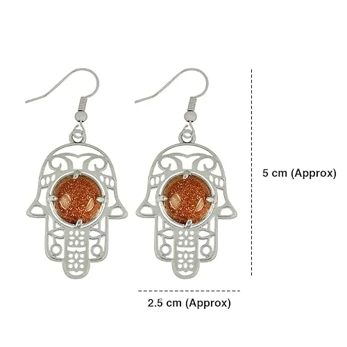 Natural Crystal Goldstone Brown Stone Humsa Shape Earrings Tpos