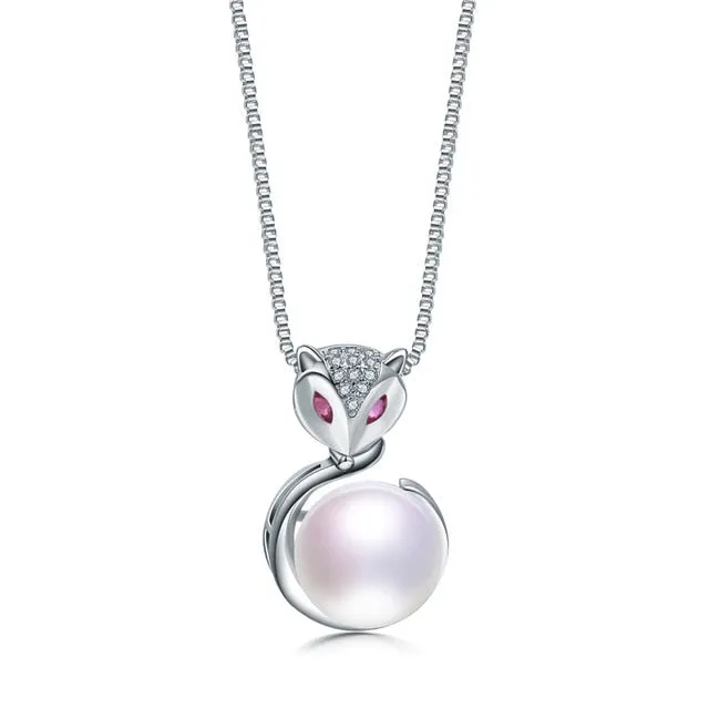 Natural Freshwater Pearl Pendant Necklace  925 Sterling Silver Fox Zircon Pendant