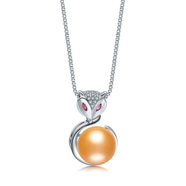 Natural Freshwater Pearl Pendant Necklace  925 Sterling Silver Fox Zircon Pendant